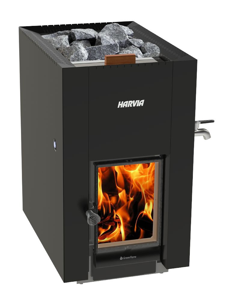 Harvia Linear GreenFlame Series, 15.7 kW, Water Tank, Wood Sauna Stove